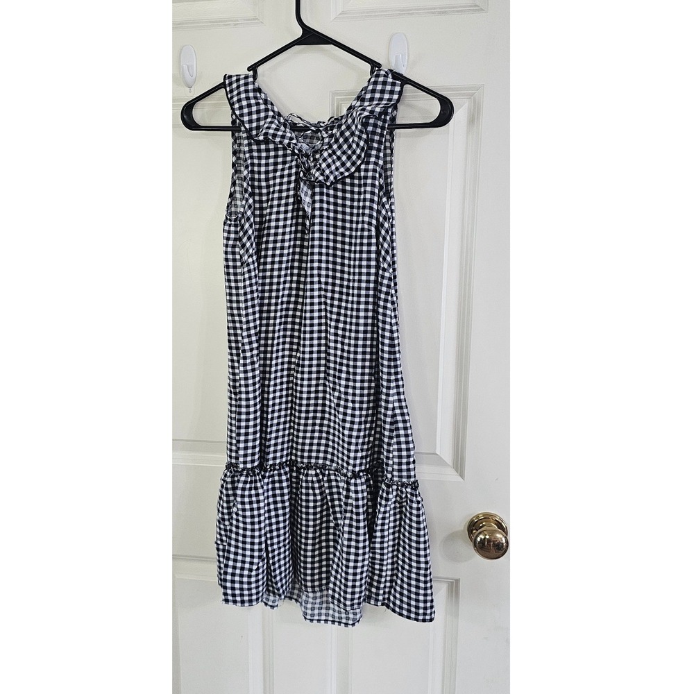 Time and Tru Womens Gingham Sleeveless Ruffle Hem Shift Dress Black White Small